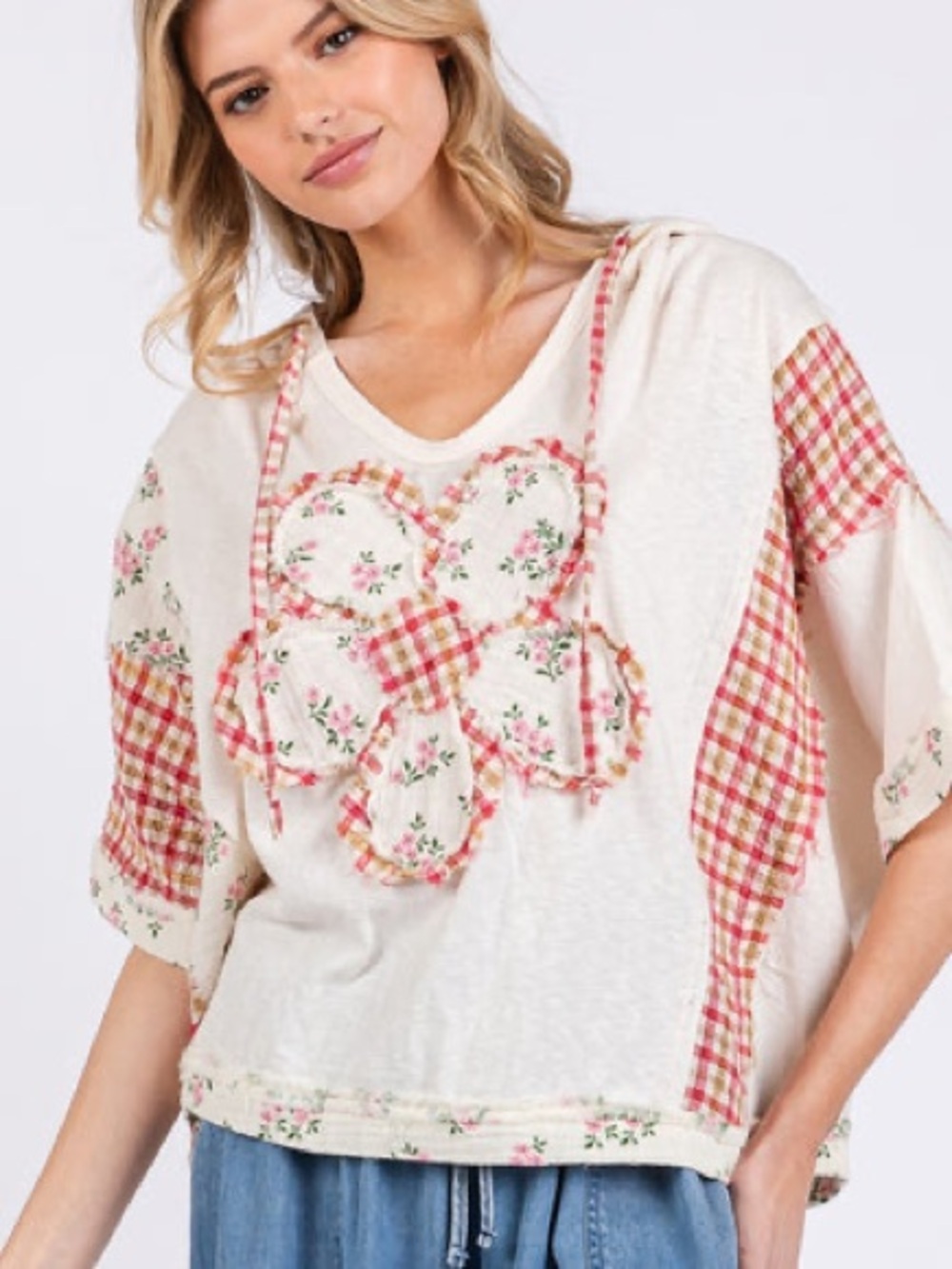 Sage+Fig Mix n Match Hooded Top with Daisy Patch Front in Cream